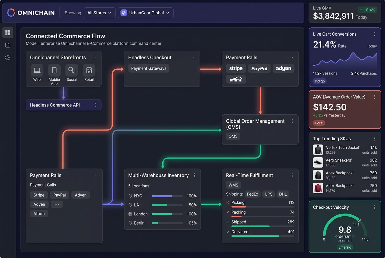 Omnichannel Storefronts, Headless Checkout, and Multi-Warehouse Inventory Sync Dashboard