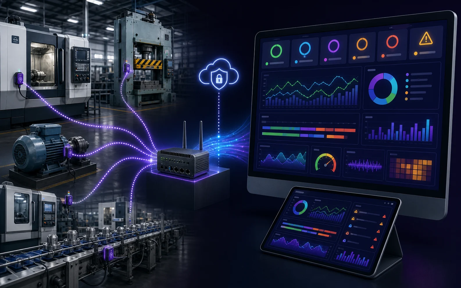 Existing factory machines connected through retrofit sensors and an edge gateway to a real-time machine monitoring dashboard