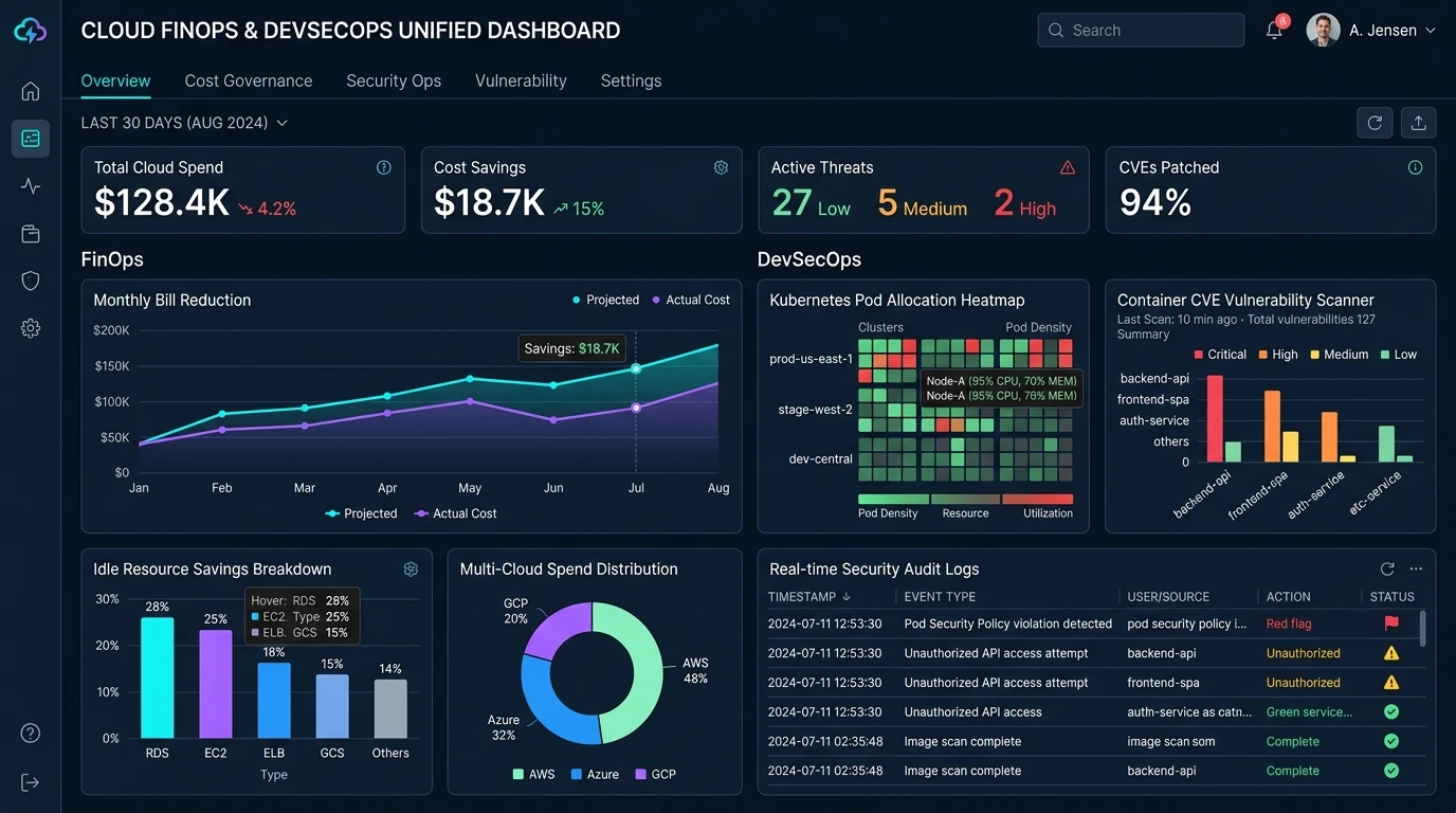 DevSecOps security, observability, and cloud cost governance interface