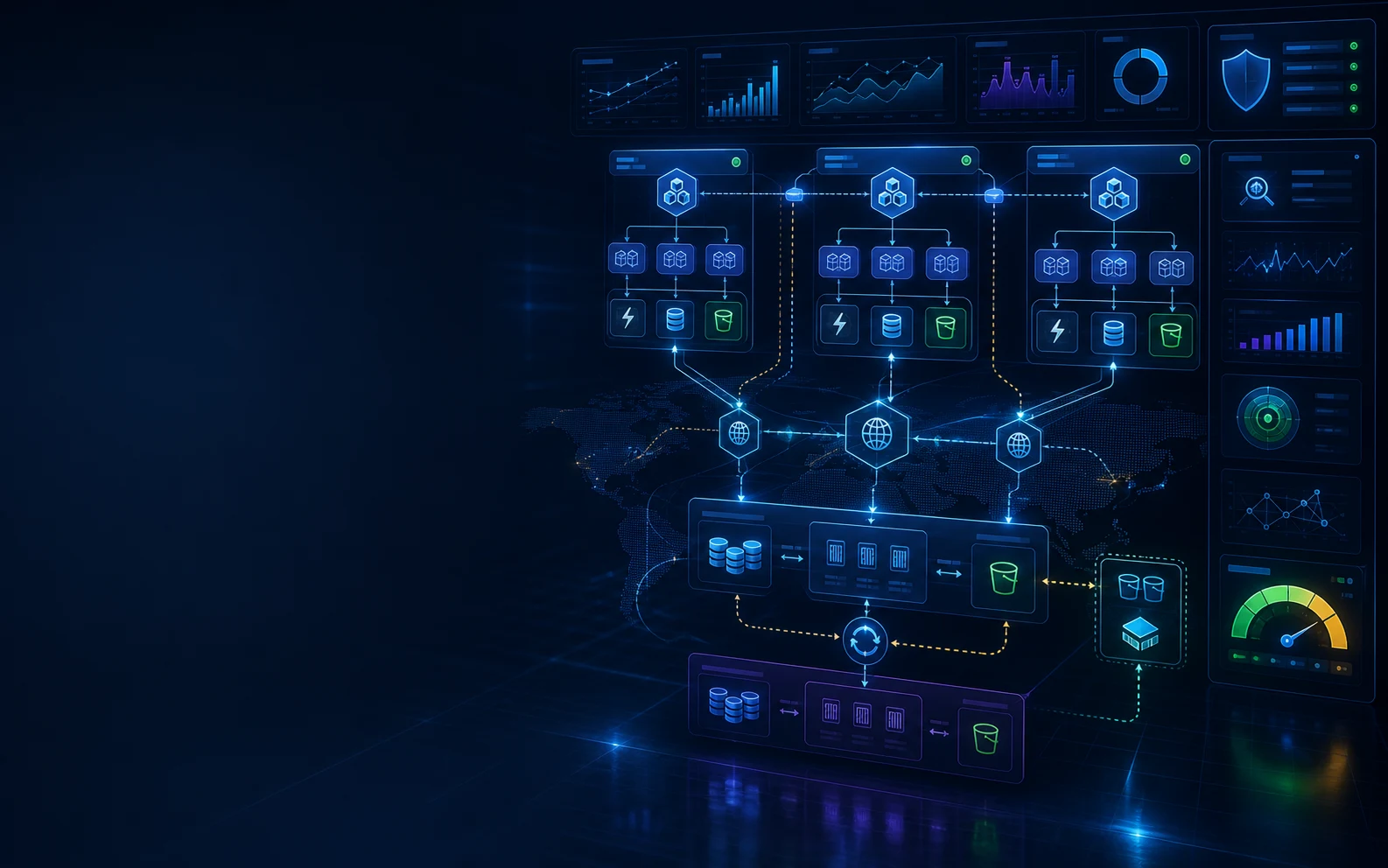 Multi-region cloud platform showing container clusters, databases, security, observability, and failover paths