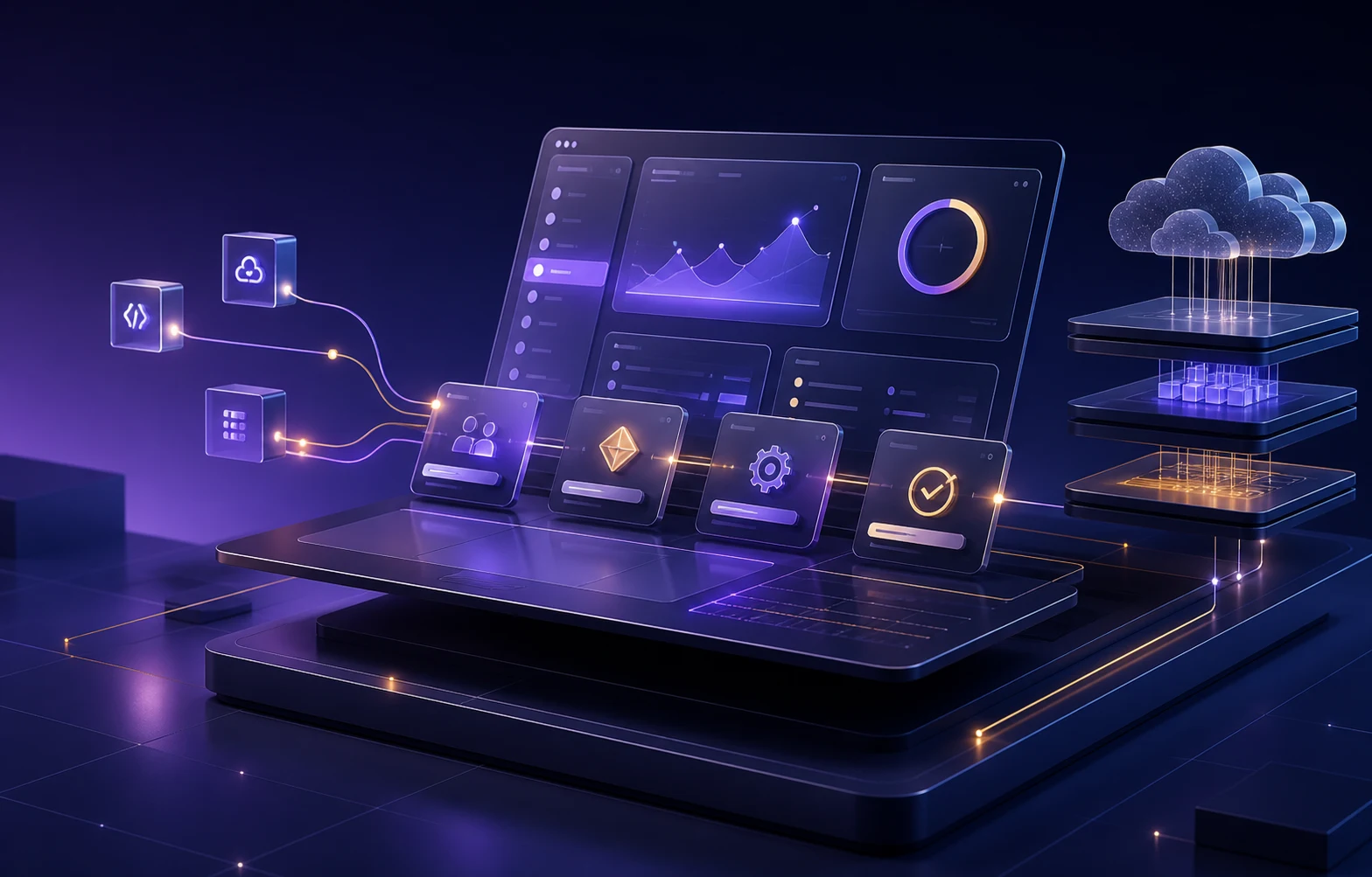 Illustration of a custom enterprise software platform connected to cloud services and workflow modules
