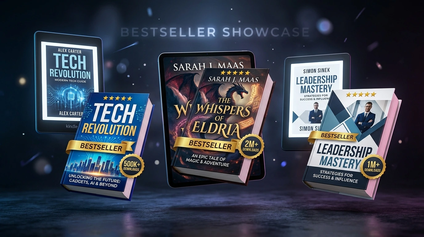 Showcase of published best-selling ebooks with rating badges and download counts