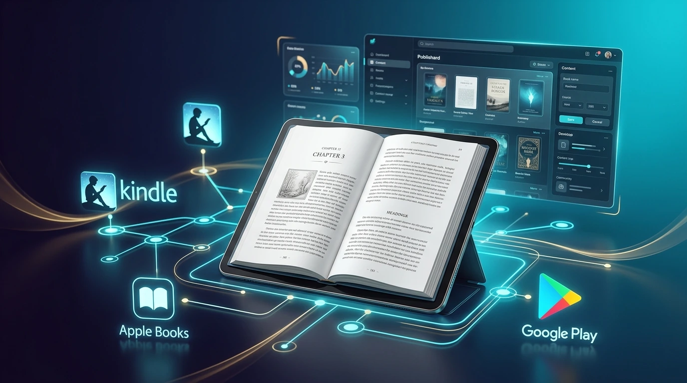 Digital E-Book publishing workstation displaying formatted books, Kindle, Apple Books and reader telemetry