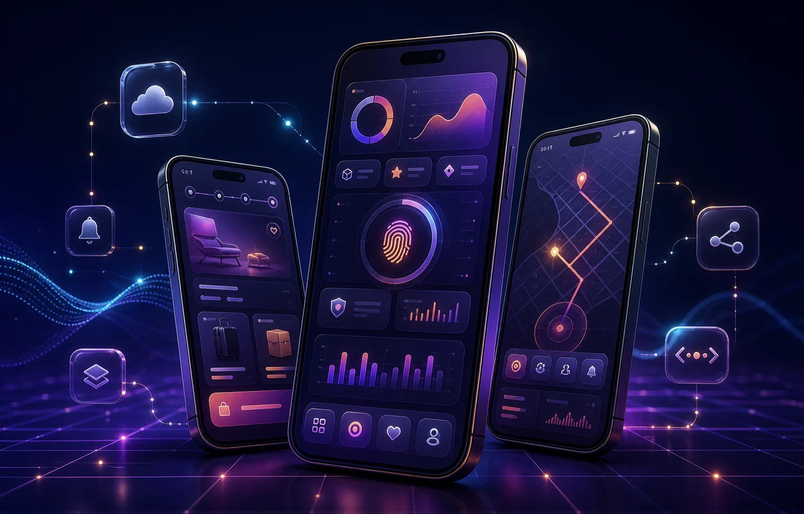 Premium mobile application ecosystem across three smartphones with cloud sync and biometric security